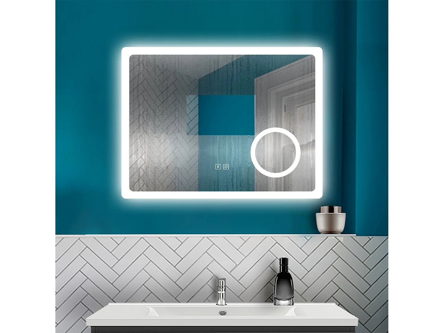 AICA 80 x 60 cm Specchio da bagno rettangolare a LED con Bluetooth + lente d'ingrandimento + antiappannamento + 3 temperature di colore