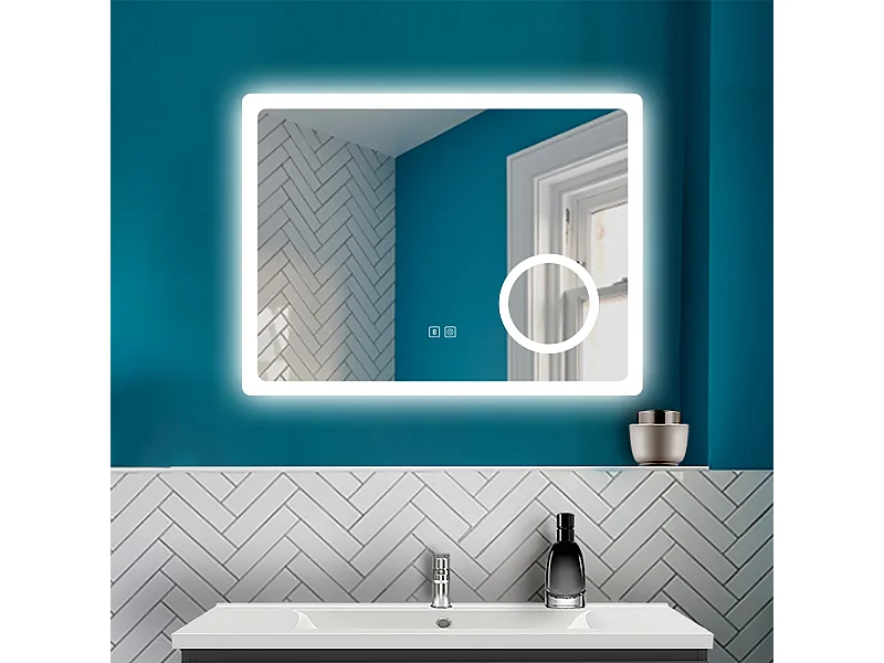 AICA 80 x 60 cm Specchio da bagno rettangolare a LED con Bluetooth + lente d'ingrandimento + antiappannamento + 3 temperature di colore