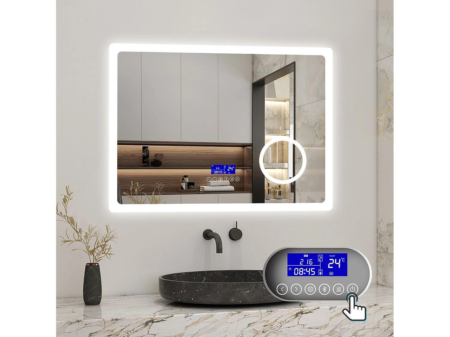 AICA 80 x 60cm LED Specchio da bagno rettangolare con Bluetooth, lente d'ingrandimento, antiappannamento