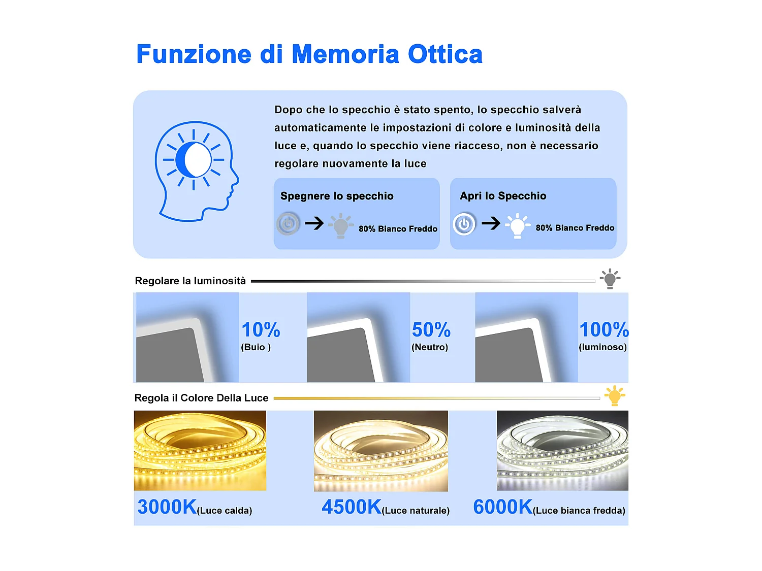 AICA 80 x 60cm LED Specchio da bagno rettangolare con Bluetooth, lente d'ingrandimento, antiappannamento