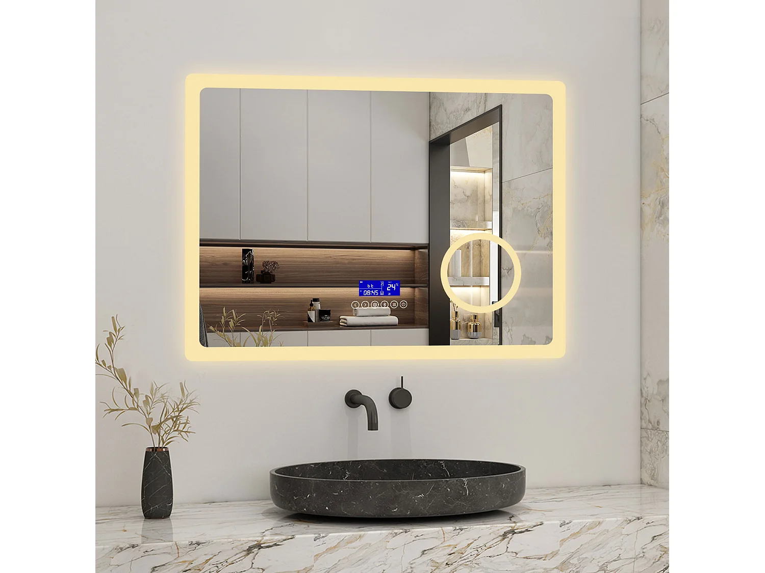 AICA 80 x 60cm LED Specchio da bagno rettangolare con Bluetooth, lente d'ingrandimento, antiappannamento