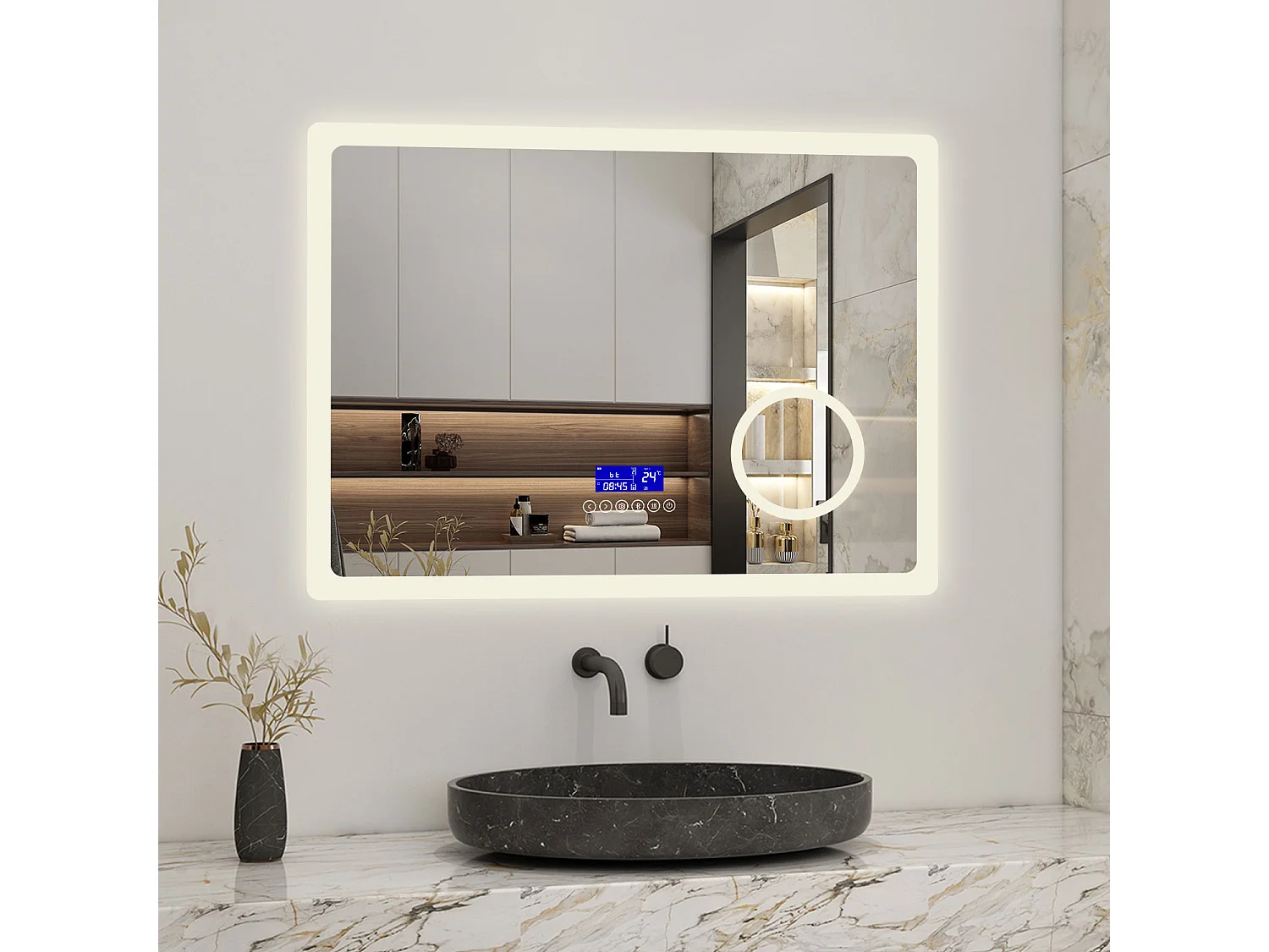 AICA 80 x 60cm LED Specchio da bagno rettangolare con Bluetooth, lente d'ingrandimento, antiappannamento