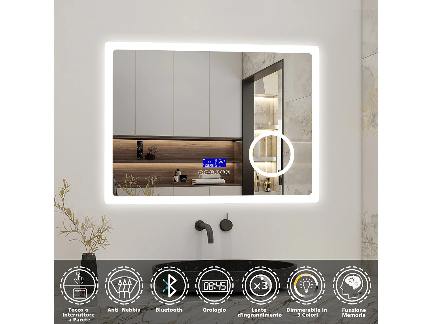 AICA 80 x 60cm LED Specchio da bagno rettangolare con Bluetooth, lente d'ingrandimento, antiappannamento