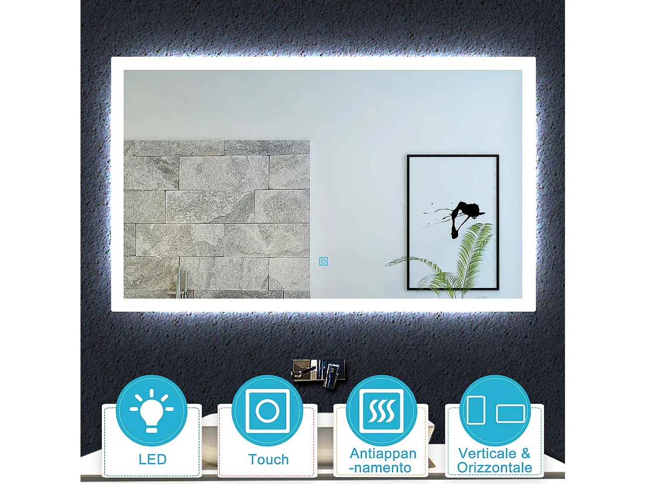 AICA Specchio da bagno rettangolare a LED 100 x 60 cm. Con antiappannamento + memoria di interruzione di corrente + oscuramento infinito