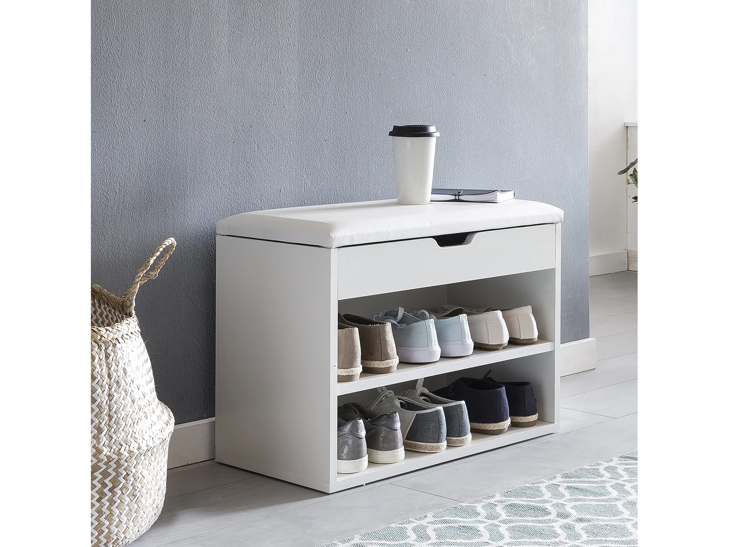 SOFIA met zitting wit  hout 60 x 40 x 30 cm | Houten bank klein gestoffeerd | Bank smalle gang met bergruimte | Borst bank meubilair op de borstkas hal