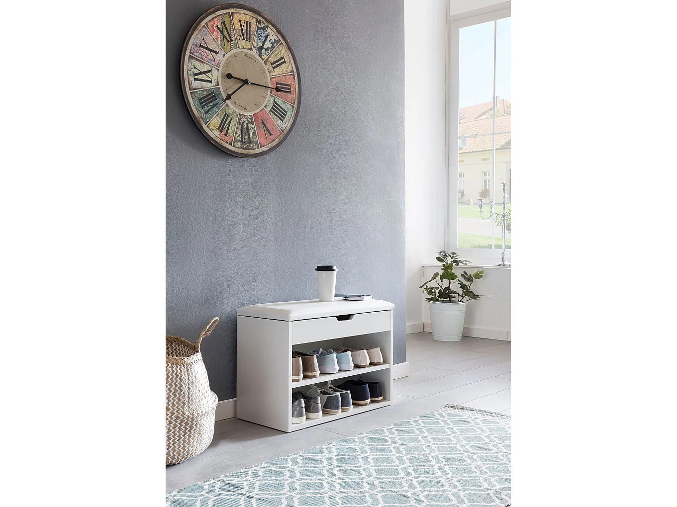 SOFIA met zitting wit  hout 60 x 40 x 30 cm | Houten bank klein gestoffeerd | Bank smalle gang met bergruimte | Borst bank meubilair op de borstkas hal