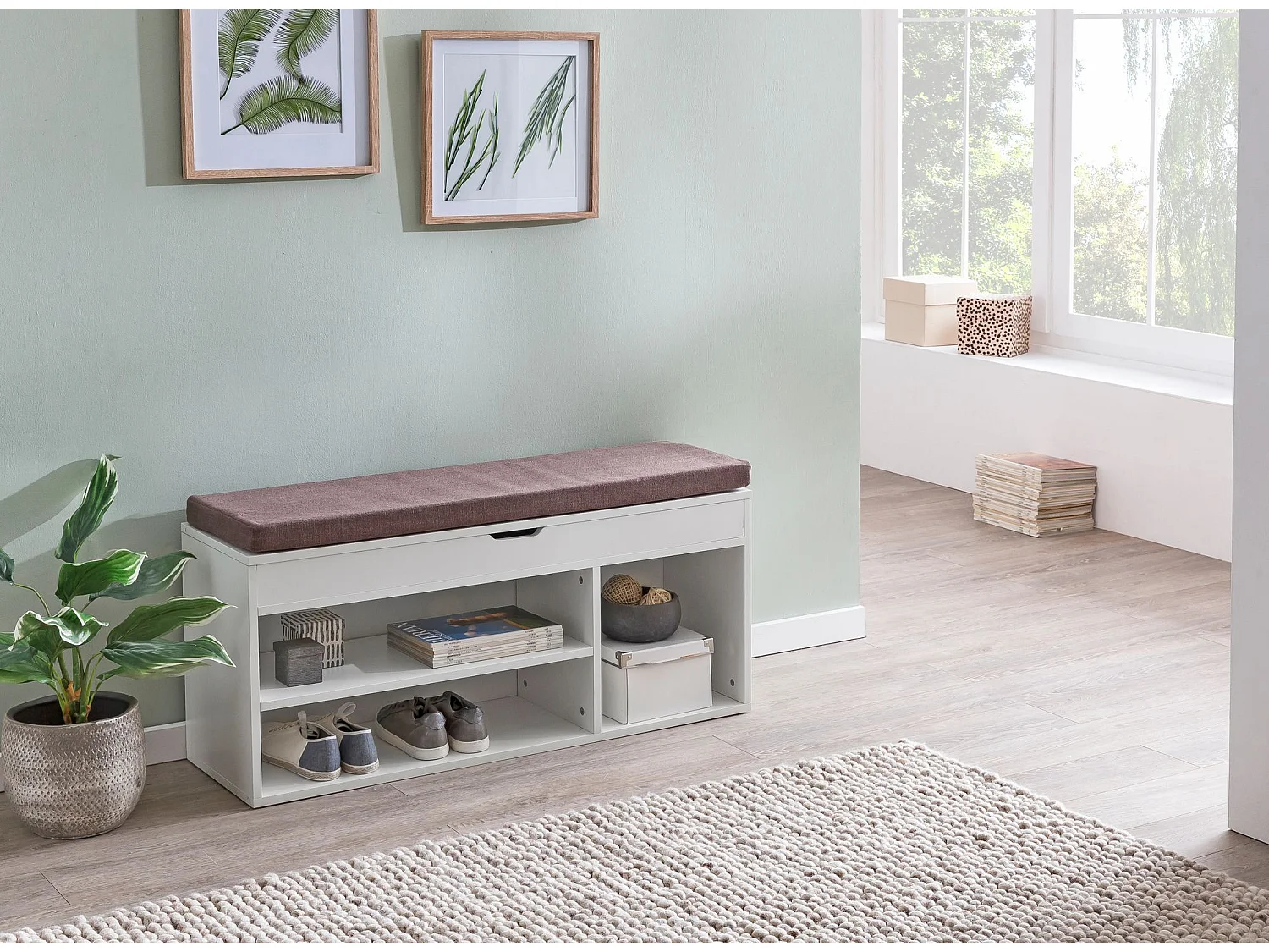 Schuhbank WL5.345 mit Sitzfläche Garderoben-Bank Holz 104x51x32 cm Weiß, Holzbank klein