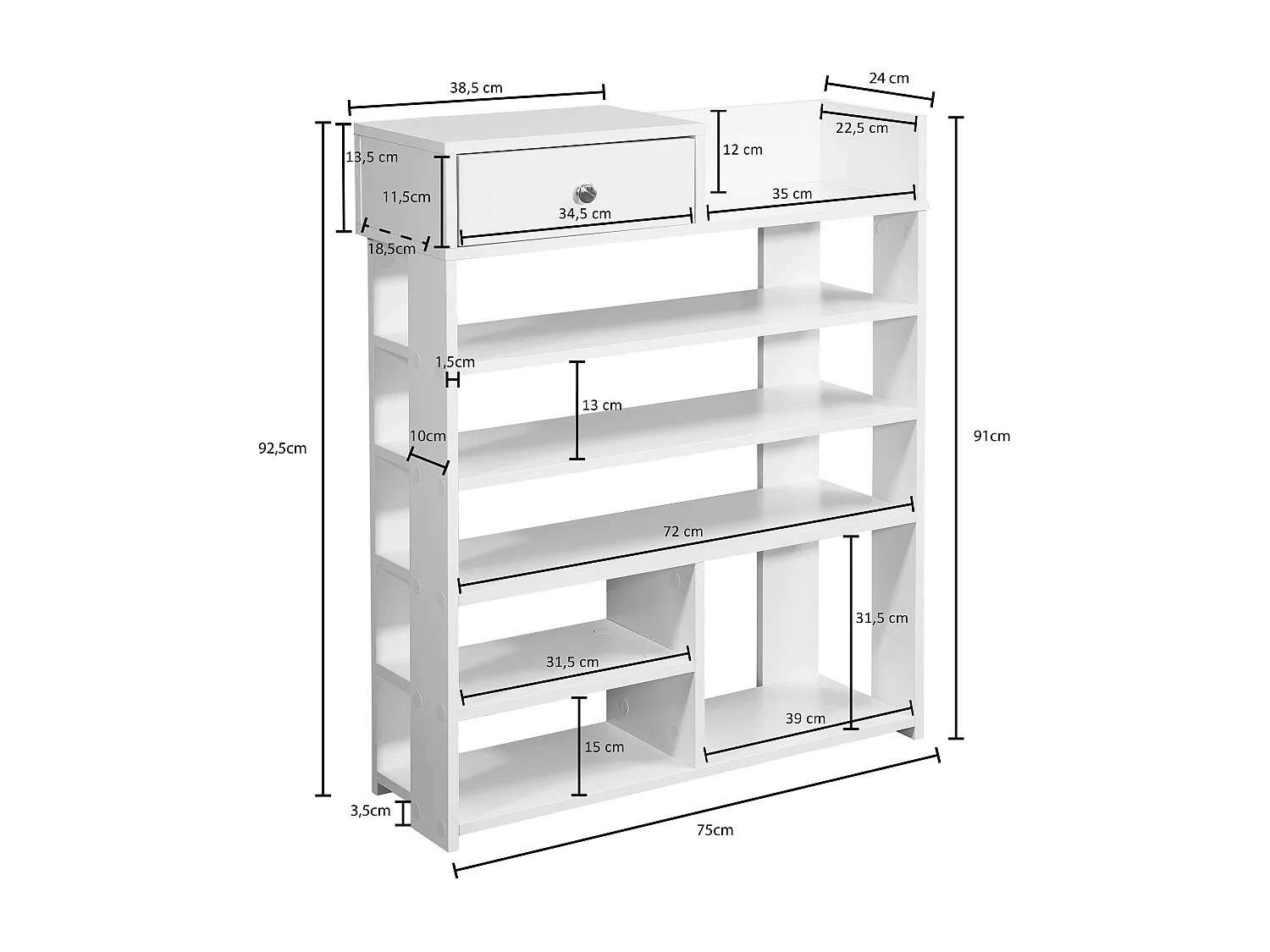 design schoenenrek 75 x 92,5 x 24 cm  wit | Hoge plank met 7 vakken | Plank met lade