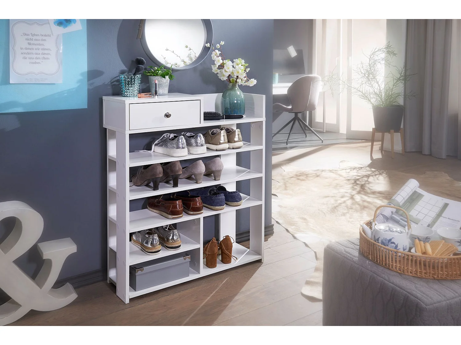 design schoenenrek 75 x 92,5 x 24 cm  wit | Hoge plank met 7 vakken | Plank met lade