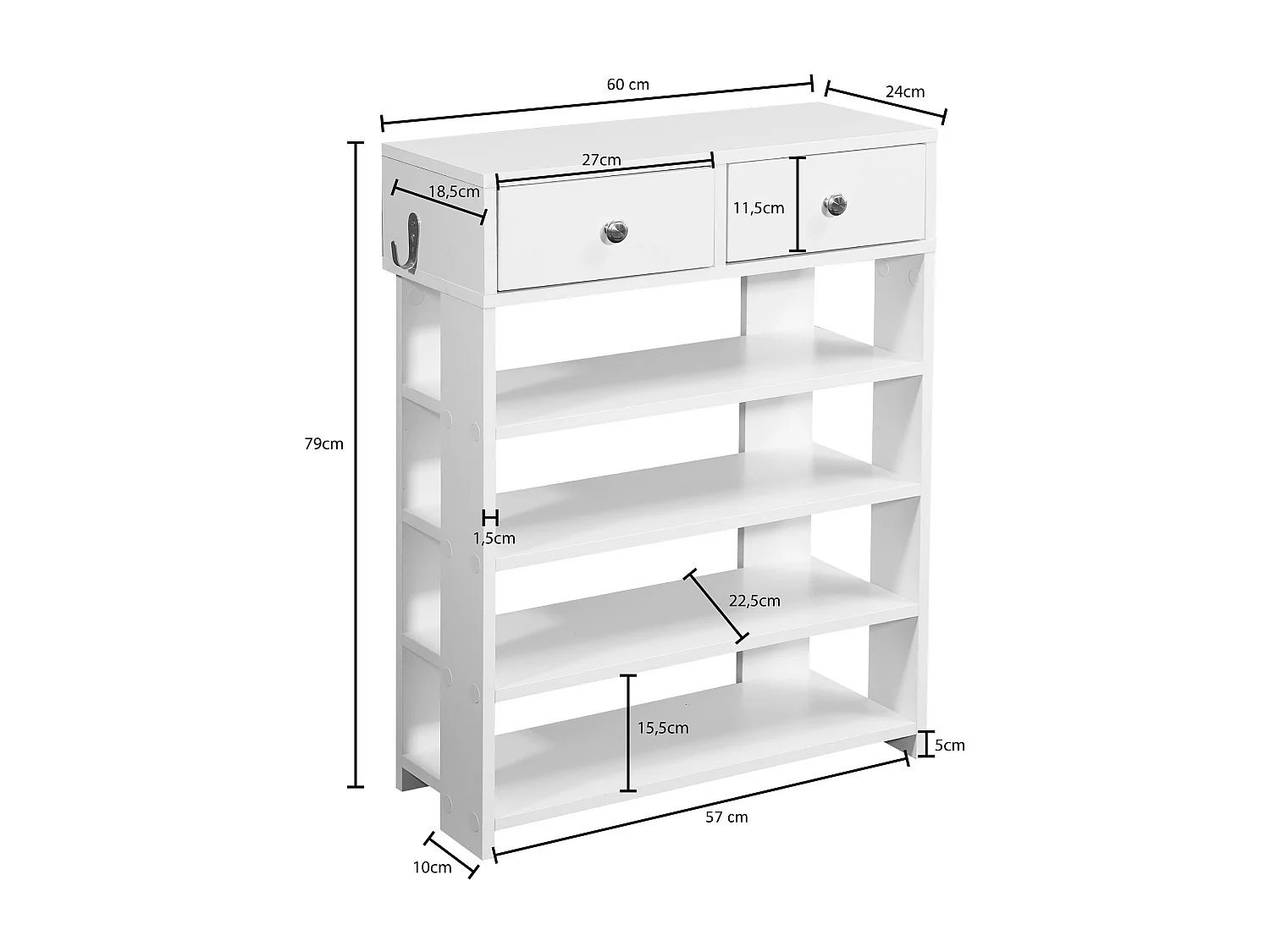 design schoenenrek 60 x 79 x 24 cm  wit | Plank met twee laden Hoge plank met 4 vakken