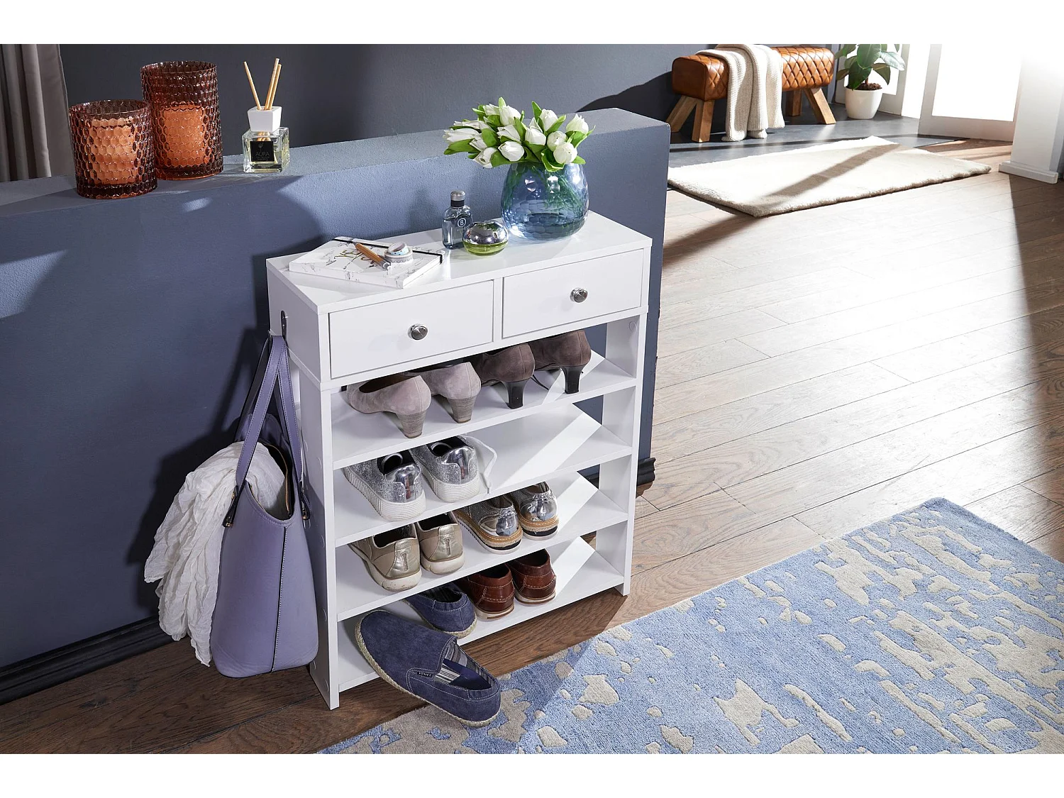 design schoenenrek 60 x 79 x 24 cm  wit | Plank met twee laden Hoge plank met 4 vakken