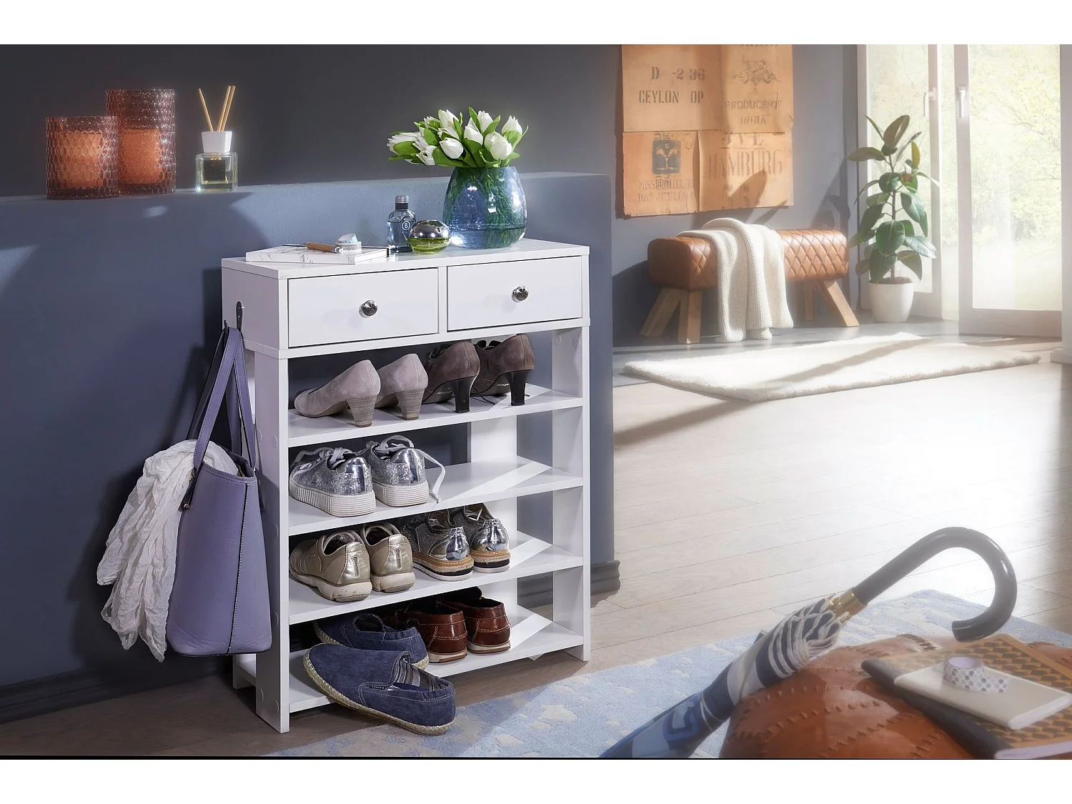 chaussures design 60 x 79 x 24 cm étagère d'entrée blanc | Étagère à deux tiroirs Étagère haute à