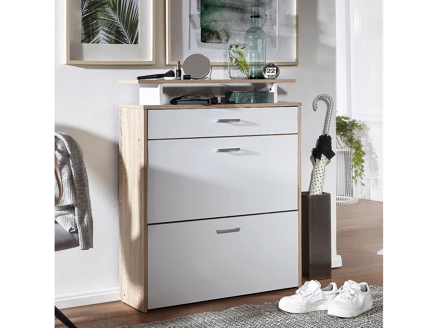 schoenenrek hout 80x95x24 cm modern Sonoma eiken | Design schoenenrek schoenenkipper smal | Schoenenkast schoenenopberger met lade | Hal kast schoenenrek plank