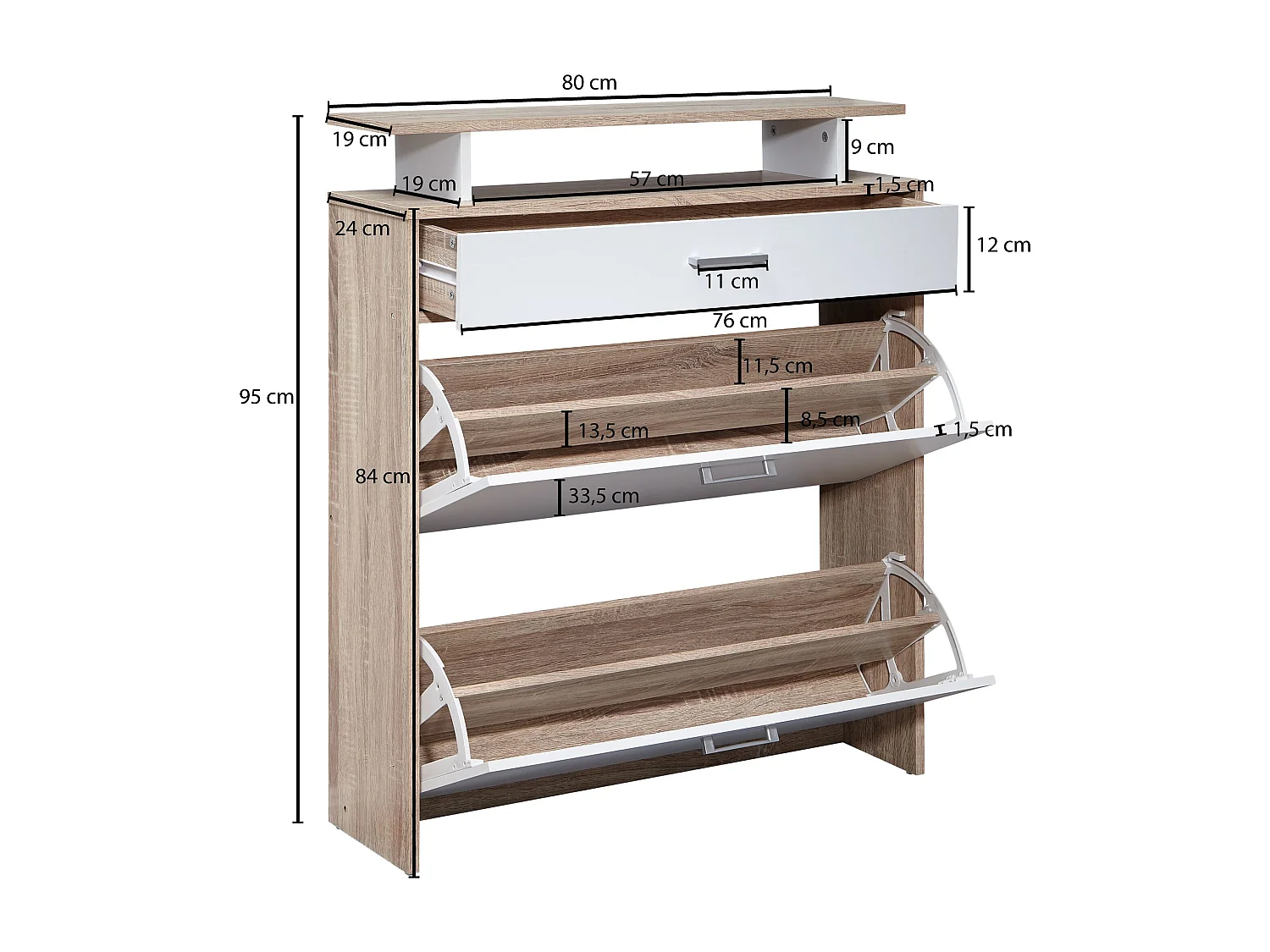 schoenenrek hout 80x95x24 cm modern Sonoma eiken | Design schoenenrek schoenenkipper smal | Schoenenkast schoenenopberger met lade | Hal kast schoenenrek plank