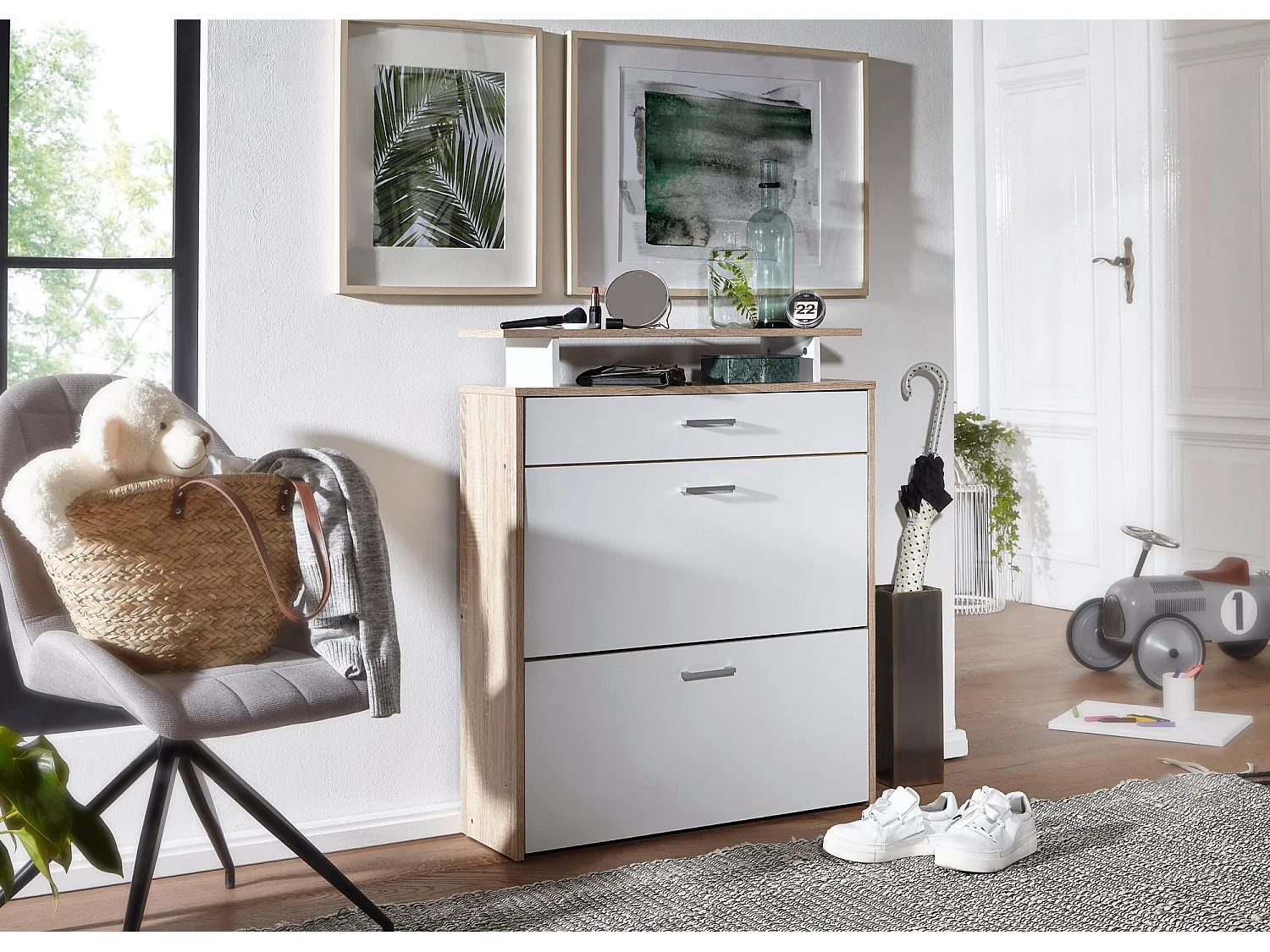 schoenenrek hout 80x95x24 cm modern Sonoma eiken | Design schoenenrek schoenenkipper smal | Schoenenkast schoenenopberger met lade | Hal kast schoenenrek plank