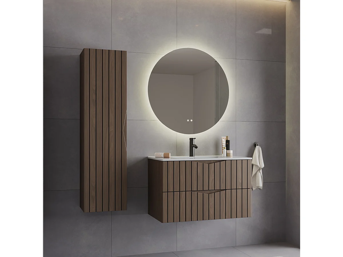 Conjunto de muebles con lavabo individual encastrado 80cm y columna Siena madera y negro