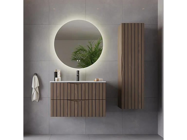 Conjunto de muebles con lavabo individual encastrado 80cm y columna Siena madera y negro