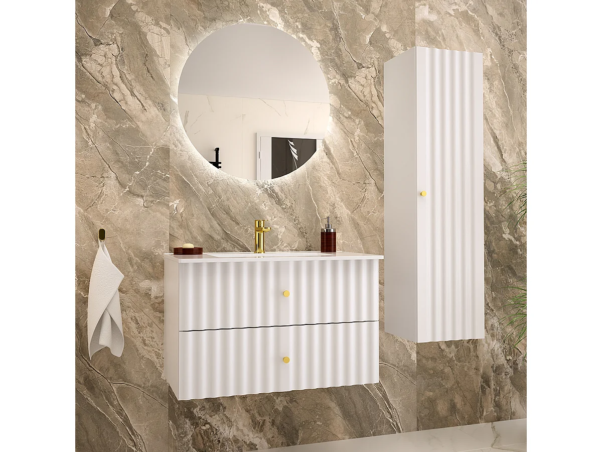 Set aus Einzelwaschtisch 80cm und Säule Izae Weiß