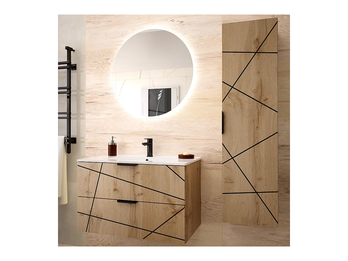 Ensemble meuble simple vasque encastrée 80cm et colonne Teren Bois