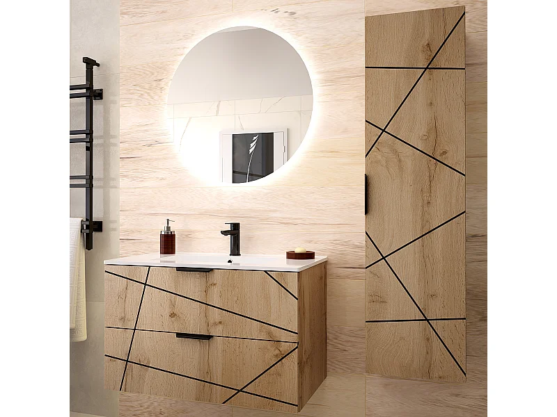 Ensemble meuble simple vasque encastrée 80cm et colonne Teren Bois