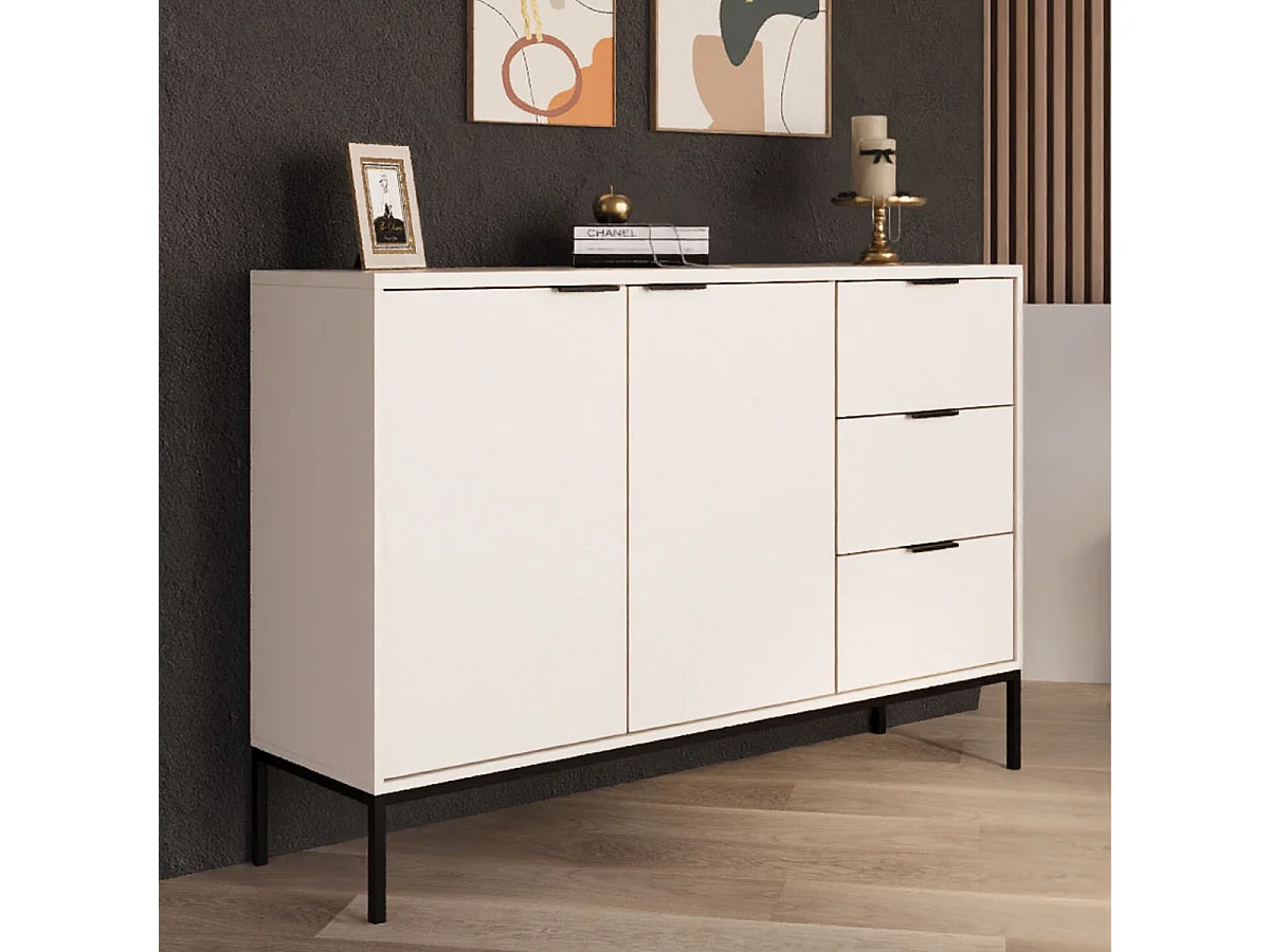 Buffet 2 portes 3 tiroirs Seattle Blanc Pieds noirs