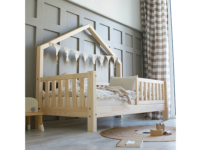 Cama de cabina 90x190 incluindo barreira e base de ripas com pés de 10 cm Léonie Bois