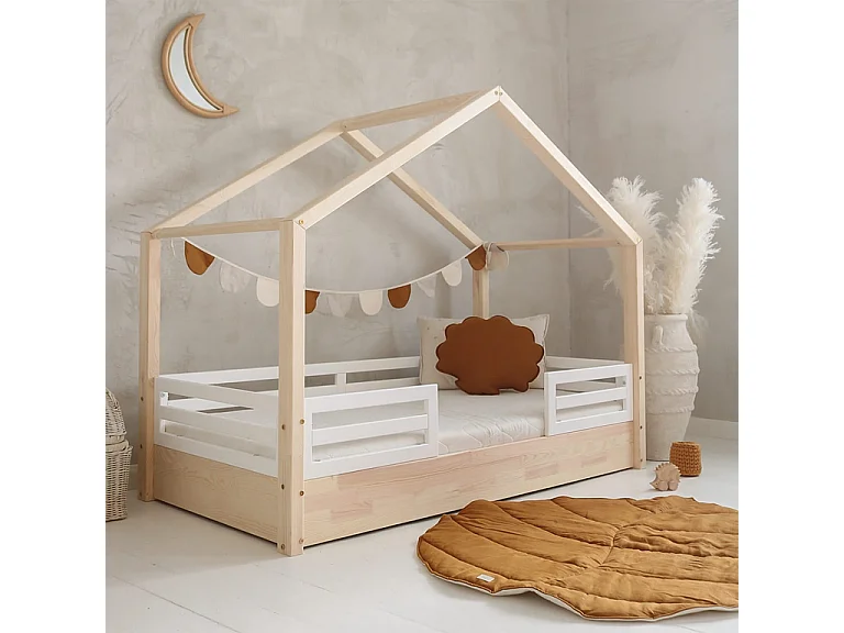 Lit cabane 90x200 barrières et sommier inclus pieds 1 cm Lucile Bois et blanc