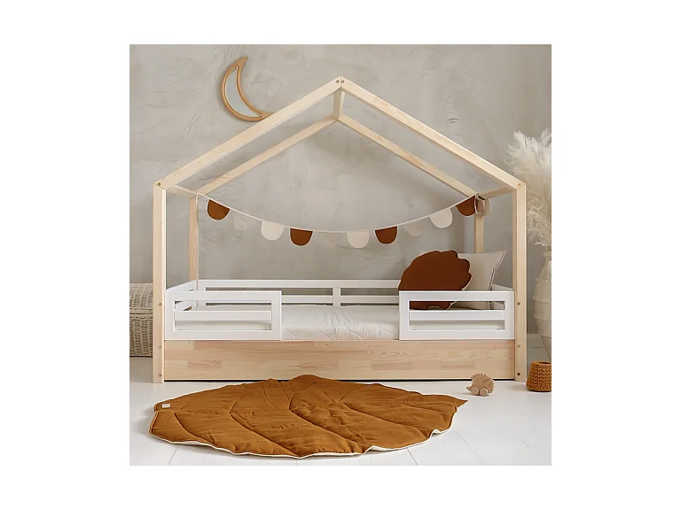 Lit cabane 90x200 barrières et sommier inclus pieds 1 cm Lucile Bois et blanc