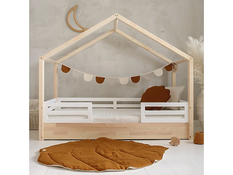 Lit cabane 90x200 barrières et sommier inclus pieds 1 cm Lucile Bois et blanc