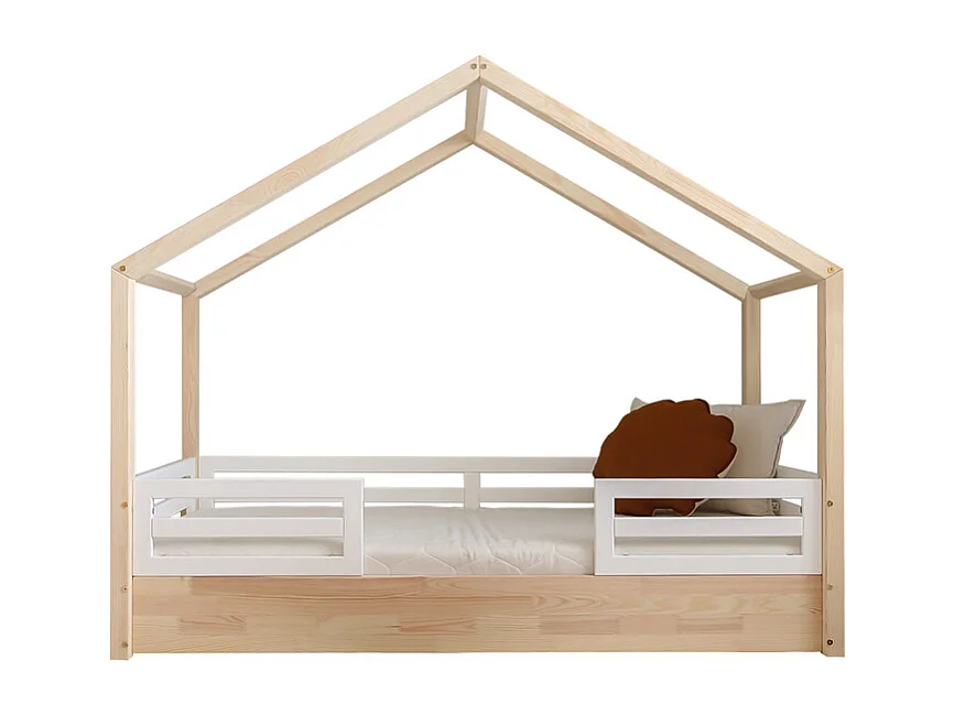 Lit cabane 90x190 barrières et sommier inclus pieds 1 cm Lucile Bois et blanc