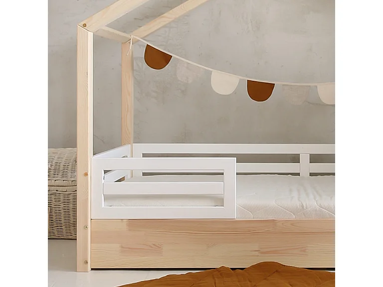 Lit cabane 90x190 barrières et sommier inclus pieds 1 cm Lucile Bois et blanc