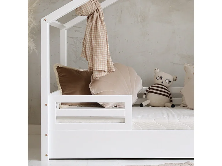 Cama cabaña 90x200 con barandillas y somier patas 1 cm Lucile Blanco