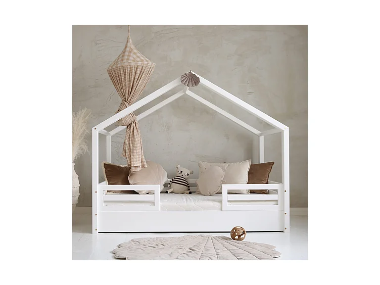 Lit cabane 90x200 barrières et sommier inclus pieds 1 cm Lucile Blanc
