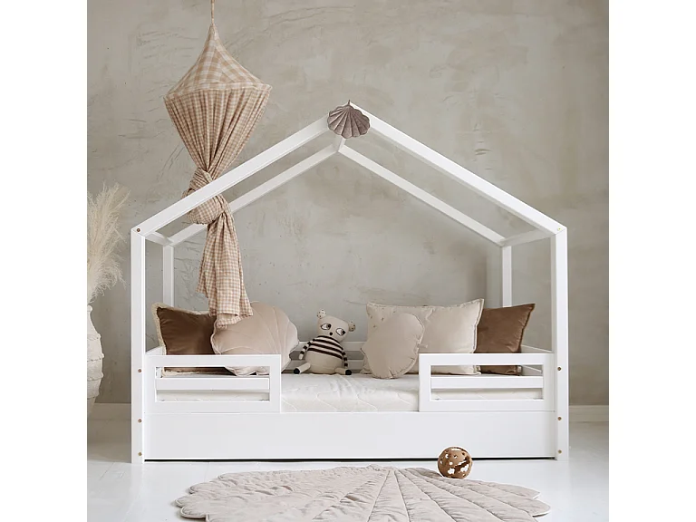 Cama cabaña 90x190 con barandillas y somier patas 1 cm Lucile Blanco