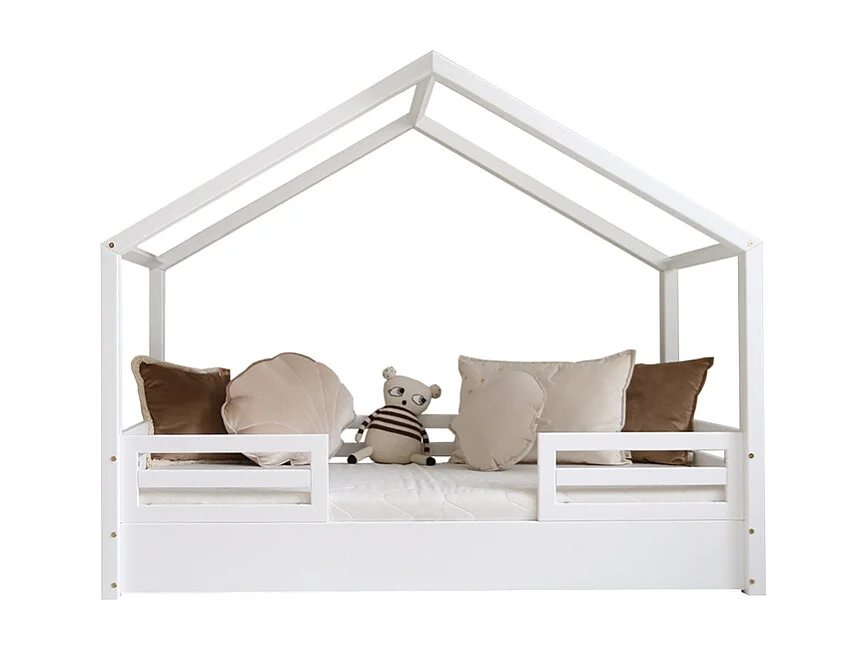 Cama cabaña 90x190 con barandillas y somier patas 1 cm Lucile Blanco