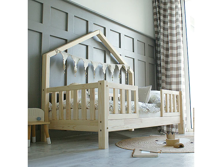 Cama de cabina 90x190 incluindo barreiras e base de ripas com pés de 10 cm Léonie Bois