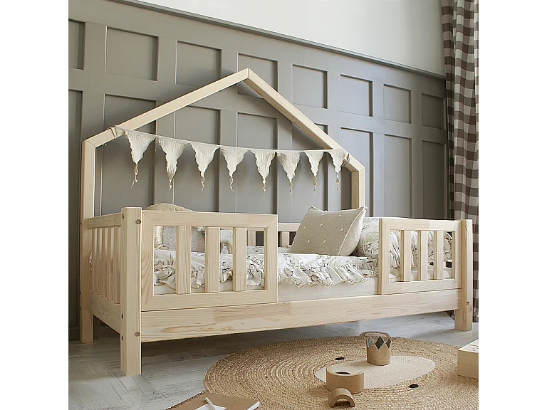 Cama de cabina 90x190 incluindo barreiras e base de ripas com pés de 10 cm Léonie Bois