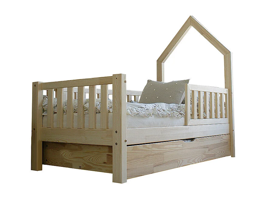 Cama cabaña 90x190 con barandilla somier y cajón Lorine Madera