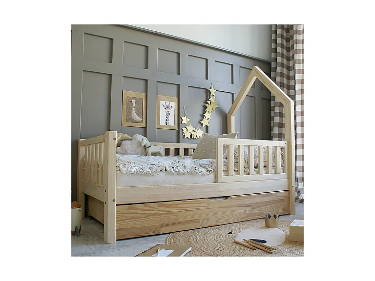 Cama cabaña 90x190 con barandilla somier y cajón Lorine Madera