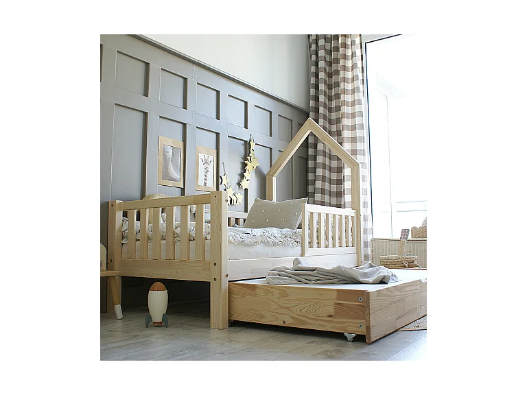 Cama cabaña 90x190 con barandilla somier y cajón Lorine Madera