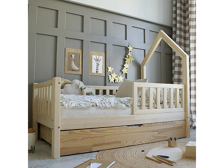 Lit cabane 90x190 barrière sommier et tiroir inclus Lorine Bois