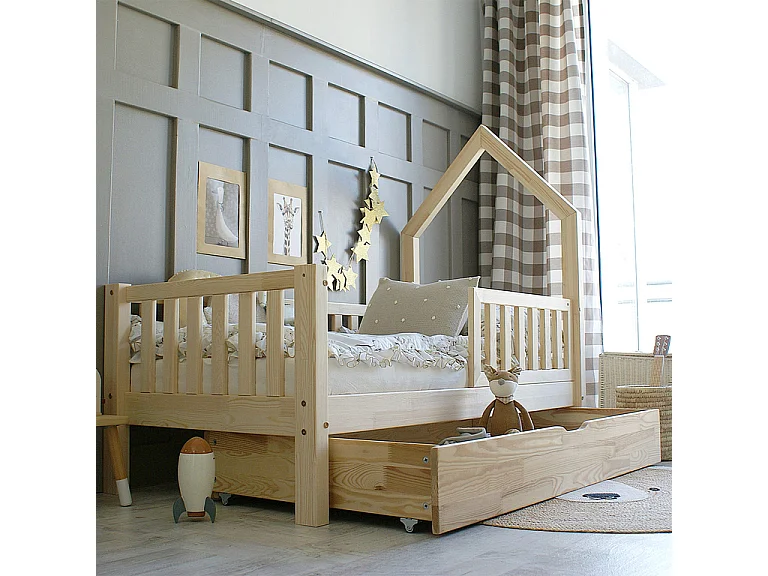 Lit cabane 90x190 barrière sommier et tiroir inclus Lorine Bois