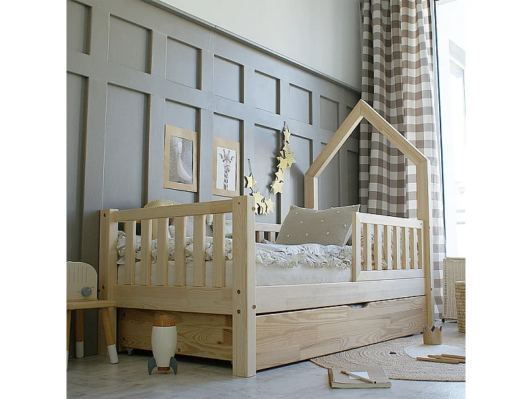 Lit cabane 90x190 barrière sommier et tiroir inclus Lorine Bois