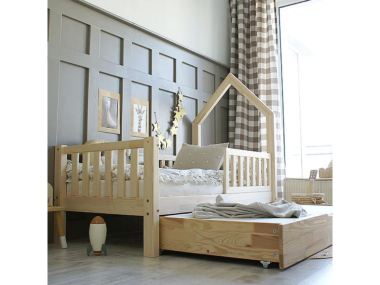 Lit cabane 90x190 barrière sommier et tiroir inclus Lorine Bois