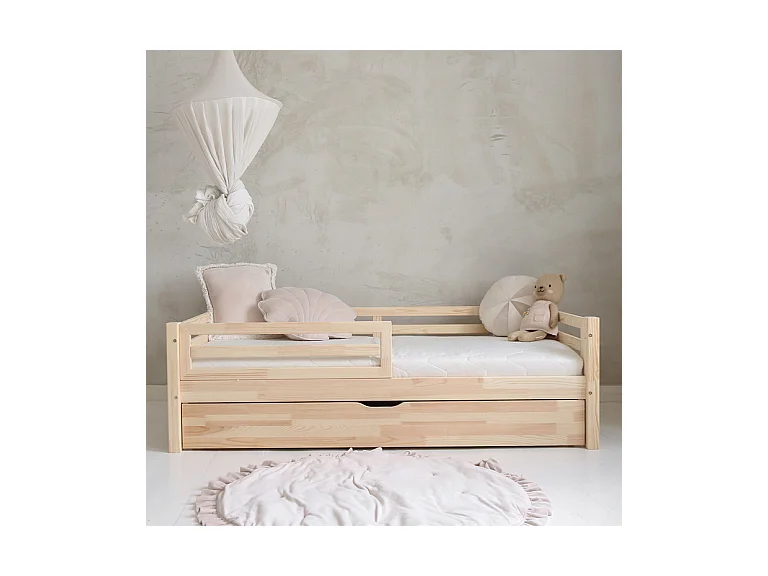 Lit 90x190 barrière sommier et tiroir inclus Myléna Bois