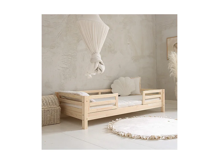 Cama 90x200 con barandillas y somier patas 10 cm Myléna Madera