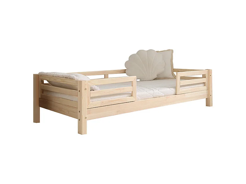 Cama 90x200 con barandillas y somier patas 10 cm Myléna Madera