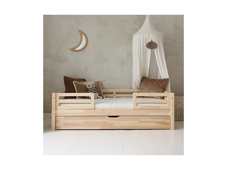 Lit 90x190 barrières sommier et tiroir inclus Myléna Bois