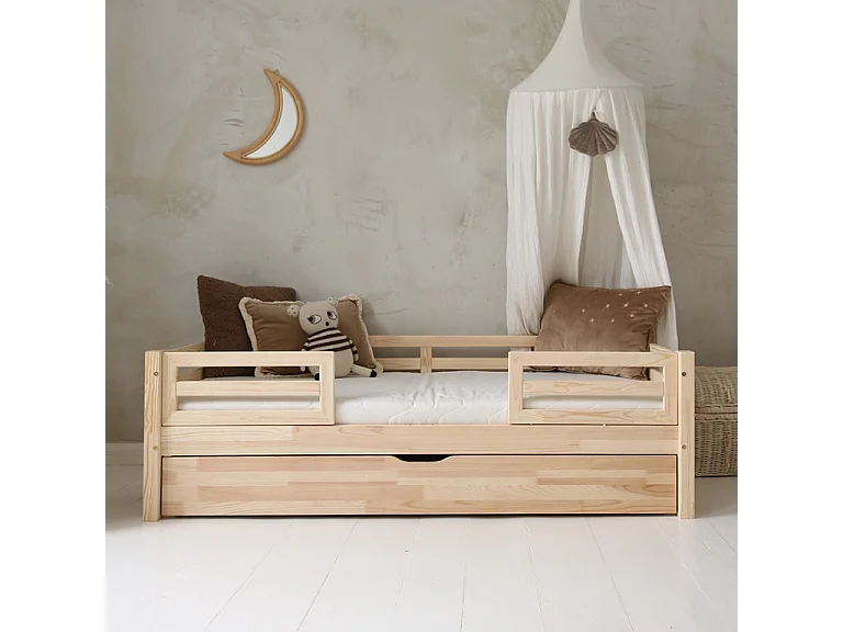 Lit 90x190 barrières sommier et tiroir inclus Myléna Bois