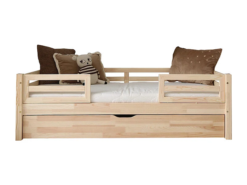 Lit 90x190 barrières sommier et tiroir inclus Myléna Bois